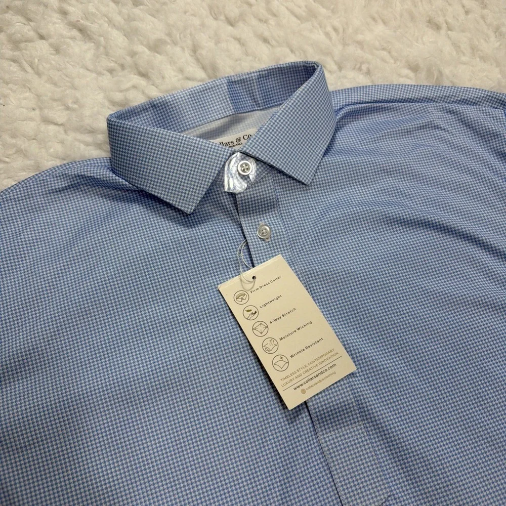 COLLARS & CO. Firm Dress Collar Polo Shirt Mens Large Tall LT Blue White AOP New
